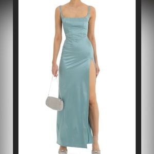Casandra Satin Rhinestone Maxi Dress in Teal